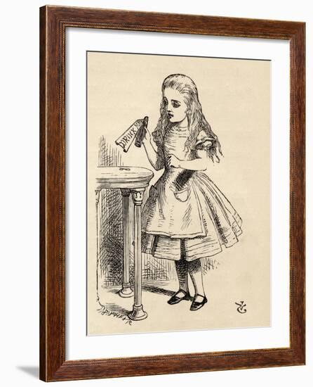 Alice Peering at the Drink Me Bottle, from 'Alice's Adventures in Wonderland' by Lewis Carroll,…-John Tenniel-Framed Giclee Print