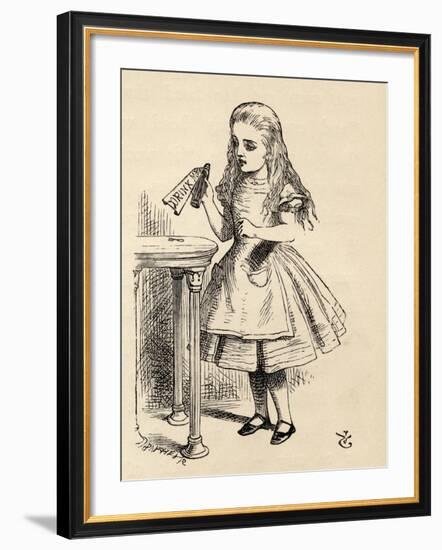 Alice Peering at the Drink Me Bottle, from 'Alice's Adventures in Wonderland' by Lewis Carroll,…-John Tenniel-Framed Giclee Print