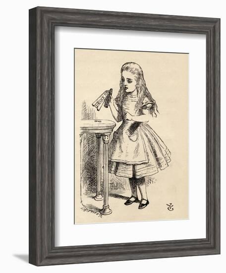 Alice Peering at the Drink Me Bottle, from 'Alice's Adventures in Wonderland' by Lewis Carroll,…-John Tenniel-Framed Giclee Print