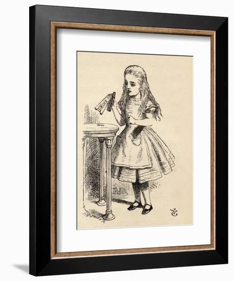 Alice Peering at the Drink Me Bottle, from 'Alice's Adventures in Wonderland' by Lewis Carroll,…-John Tenniel-Framed Giclee Print