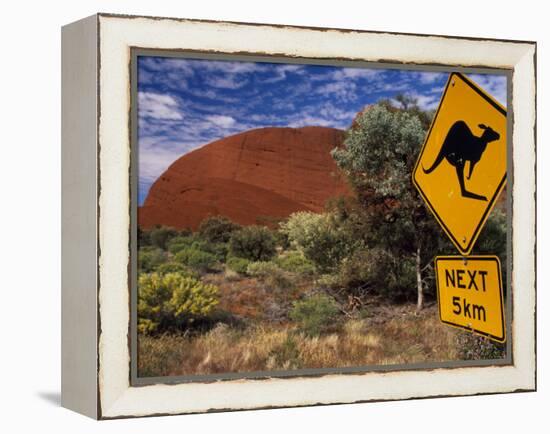 Alice Springs, Traffic Sign Beside Road Through Outback, Red Rocks of Olgas Behind, Australia-Amar Grover-Framed Premier Image Canvas