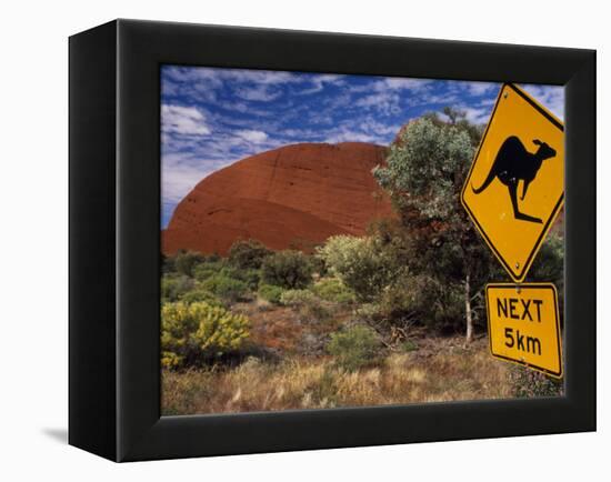 Alice Springs, Traffic Sign Beside Road Through Outback, Red Rocks of Olgas Behind, Australia-Amar Grover-Framed Premier Image Canvas