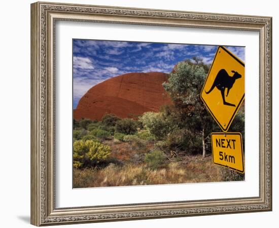 Alice Springs, Traffic Sign Beside Road Through Outback, Red Rocks of Olgas Behind, Australia-Amar Grover-Framed Photographic Print