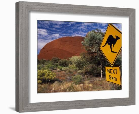 Alice Springs, Traffic Sign Beside Road Through Outback, Red Rocks of Olgas Behind, Australia-Amar Grover-Framed Photographic Print