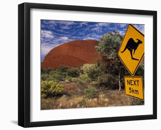 Alice Springs, Traffic Sign Beside Road Through Outback, Red Rocks of Olgas Behind, Australia-Amar Grover-Framed Photographic Print