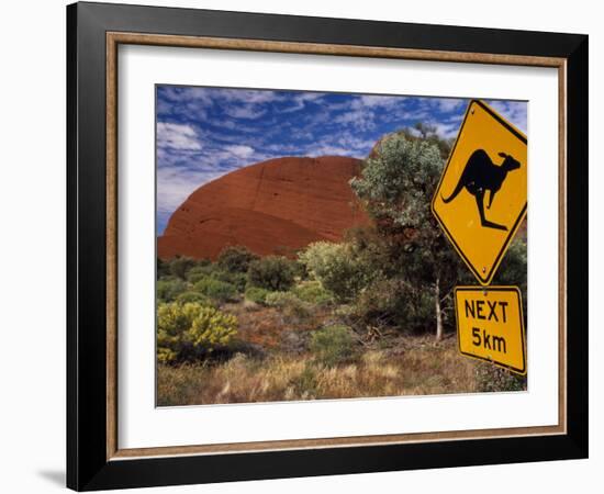 Alice Springs, Traffic Sign Beside Road Through Outback, Red Rocks of Olgas Behind, Australia-Amar Grover-Framed Photographic Print