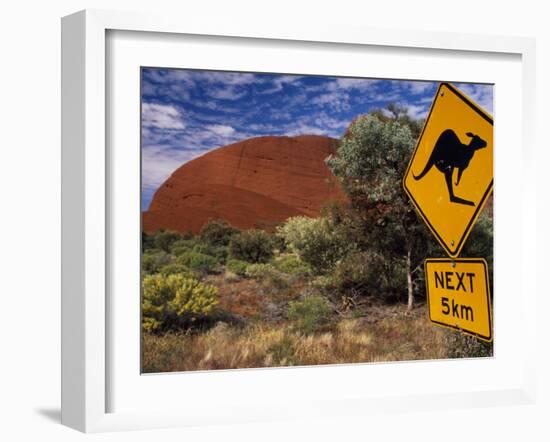 Alice Springs, Traffic Sign Beside Road Through Outback, Red Rocks of Olgas Behind, Australia-Amar Grover-Framed Photographic Print