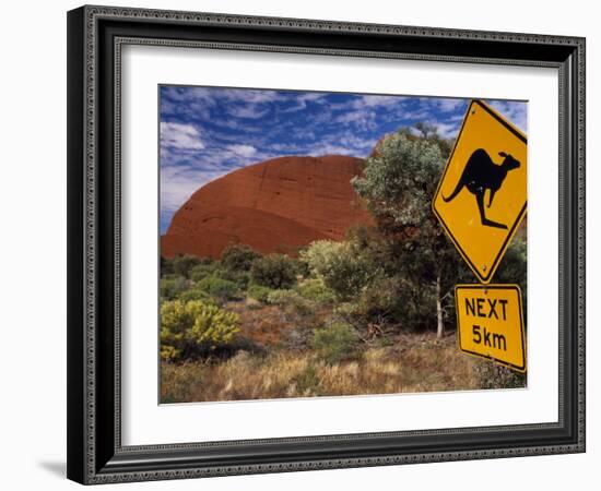 Alice Springs, Traffic Sign Beside Road Through Outback, Red Rocks of Olgas Behind, Australia-Amar Grover-Framed Photographic Print