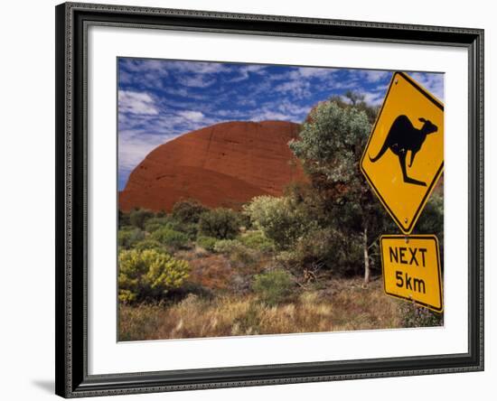 Alice Springs, Traffic Sign Beside Road Through Outback, Red Rocks of Olgas Behind, Australia-Amar Grover-Framed Photographic Print