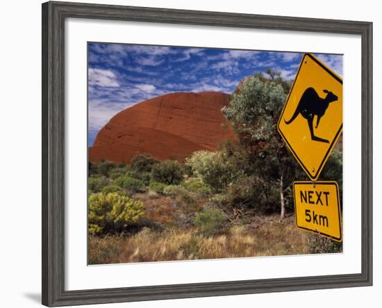 Alice Springs, Traffic Sign Beside Road Through Outback, Red Rocks of Olgas Behind, Australia-Amar Grover-Framed Photographic Print