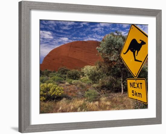 Alice Springs, Traffic Sign Beside Road Through Outback, Red Rocks of Olgas Behind, Australia-Amar Grover-Framed Photographic Print