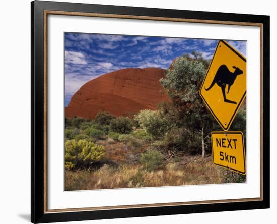 Alice Springs, Traffic Sign Beside Road Through Outback, Red Rocks of Olgas Behind, Australia-Amar Grover-Framed Photographic Print