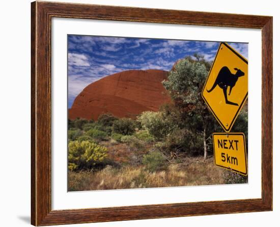 Alice Springs, Traffic Sign Beside Road Through Outback, Red Rocks of Olgas Behind, Australia-Amar Grover-Framed Photographic Print