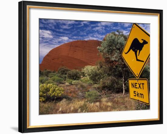 Alice Springs, Traffic Sign Beside Road Through Outback, Red Rocks of Olgas Behind, Australia-Amar Grover-Framed Photographic Print