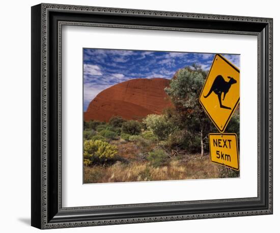 Alice Springs, Traffic Sign Beside Road Through Outback, Red Rocks of Olgas Behind, Australia-Amar Grover-Framed Photographic Print