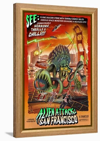 Alien Attack! San Francisco, California-Lantern Press-Framed Stretched Canvas