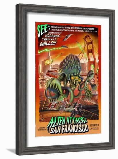 Alien Attack! San Francisco, California-Lantern Press-Framed Art Print