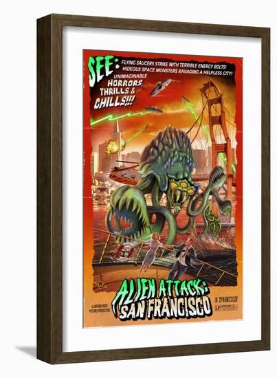 Alien Attack! San Francisco, California-Lantern Press-Framed Art Print