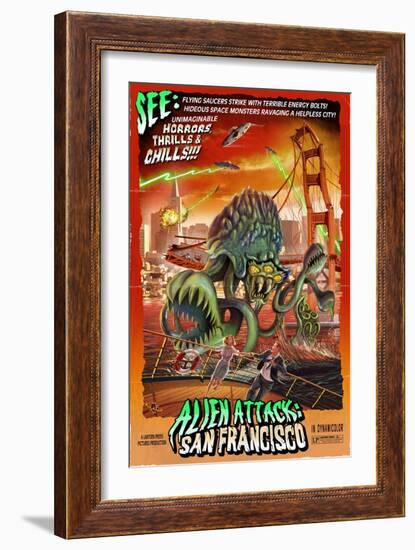 Alien Attack! San Francisco, California-Lantern Press-Framed Art Print