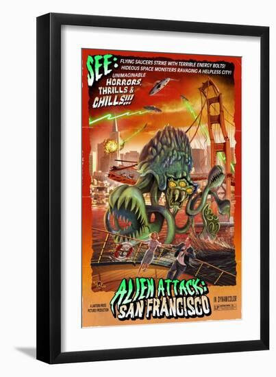 Alien Attack! San Francisco, California-Lantern Press-Framed Art Print