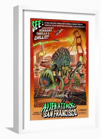 Alien Attack! San Francisco, California-Lantern Press-Framed Art Print