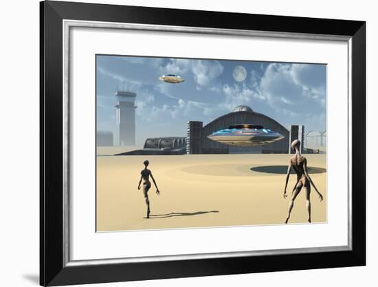 Alien Reptoids and their Flying Saucers at Area 51-Stocktrek Images-Framed Art Print