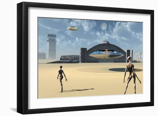 Alien Reptoids and their Flying Saucers at Area 51-Stocktrek Images-Framed Art Print