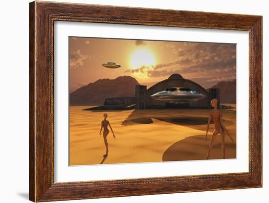Alien Reptoids and their Flying Saucers at Area 51-Stocktrek Images-Framed Art Print