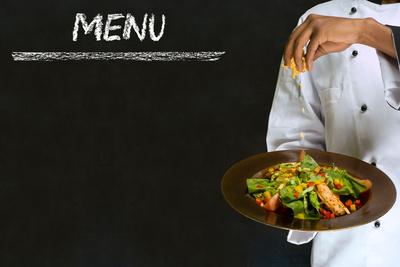 Chef with Healthy Salad Food on Chalk Blackboard Menu Background' Art Print  - alistaircotton 