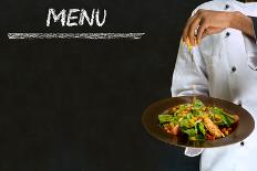 Chef with Healthy Salad Food on Chalk Blackboard Menu Background-alistaircotton-Mounted Art Print