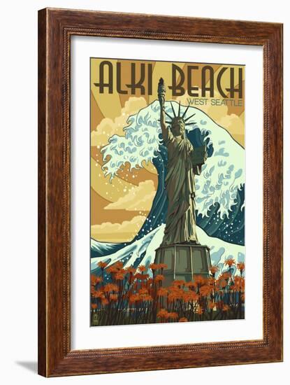 Alki Beach, West Seattle, WA - Lady Liberty Statue-Lantern Press-Framed Art Print