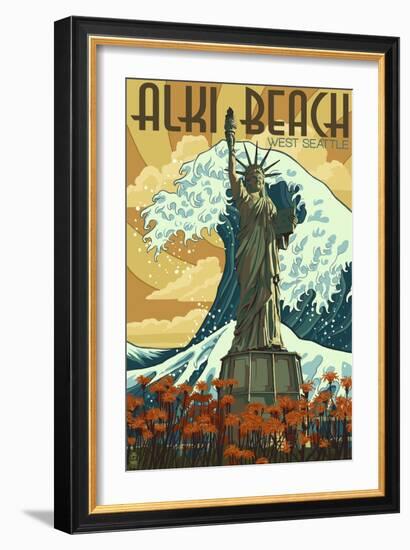 Alki Beach, West Seattle, WA - Lady Liberty Statue-Lantern Press-Framed Art Print