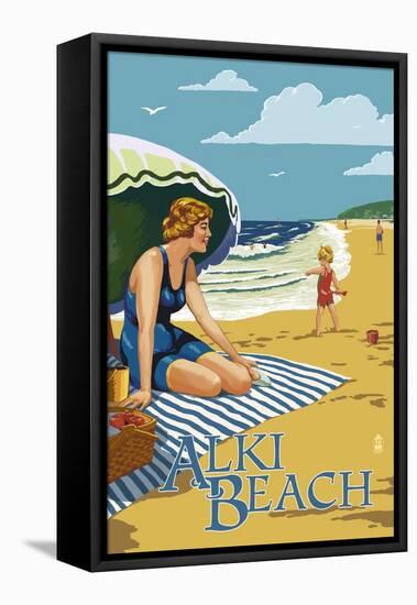 Alki Beach, West Seattle, WA - Woman on Beach-Lantern Press-Framed Stretched Canvas