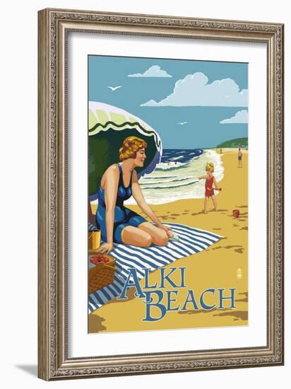 Alki Beach, West Seattle, WA - Woman on Beach-Lantern Press-Framed Art Print