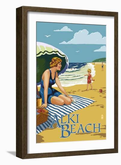 Alki Beach, West Seattle, WA - Woman on Beach-Lantern Press-Framed Art Print