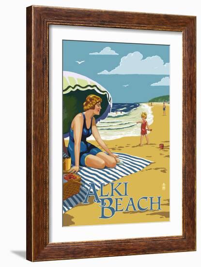 Alki Beach, West Seattle, WA - Woman on Beach-Lantern Press-Framed Art Print