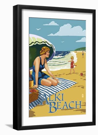 Alki Beach, West Seattle, WA - Woman on Beach-Lantern Press-Framed Art Print