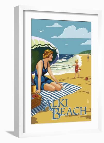 Alki Beach, West Seattle, WA - Woman on Beach-Lantern Press-Framed Art Print