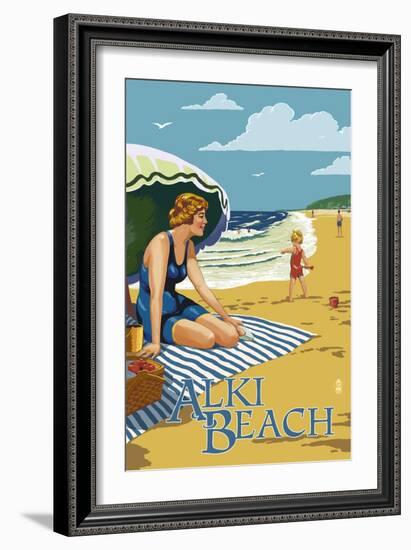 Alki Beach, West Seattle, WA - Woman on Beach-Lantern Press-Framed Art Print