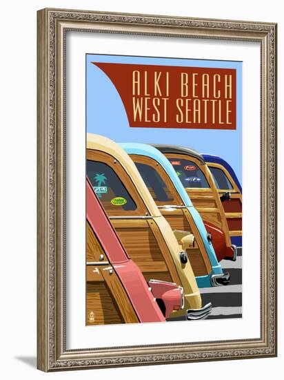 Alki Beach, West Seattle, WA - Woodies Lined Up-Lantern Press-Framed Art Print