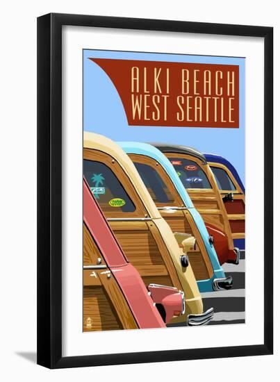 Alki Beach, West Seattle, WA - Woodies Lined Up-Lantern Press-Framed Art Print