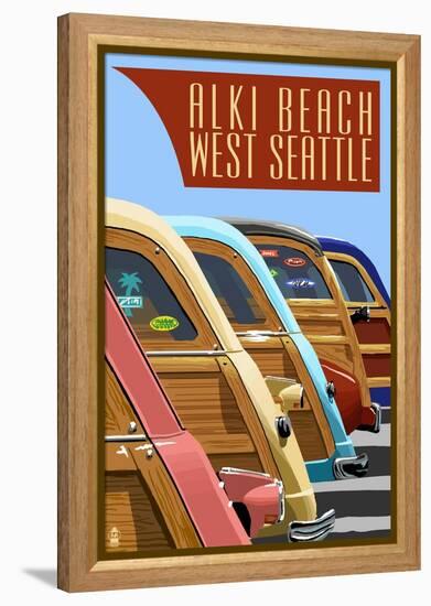 Alki Beach, West Seattle, WA - Woodies Lined Up-Lantern Press-Framed Stretched Canvas