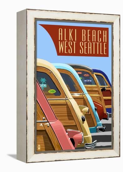 Alki Beach, West Seattle, WA - Woodies Lined Up-Lantern Press-Framed Stretched Canvas