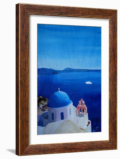 All Blue Santorini Oia Greece With Cruise Ship-Markus Bleichner-Framed Art Print