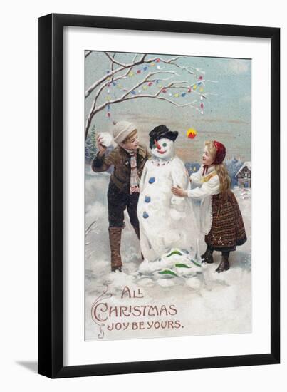 All Christmas Joy Be Yours Kids Making Snowman Scene-Lantern Press-Framed Art Print