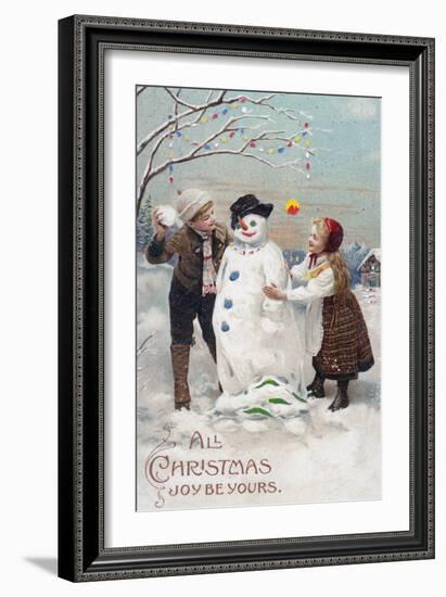 All Christmas Joy Be Yours Kids Making Snowman Scene-Lantern Press-Framed Art Print