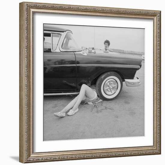 All-Girl "Dragettes" Hotrod Club Working on Car Engine with Children, Kansas City, Kansas, 1959-Francis Miller-Framed Photographic Print