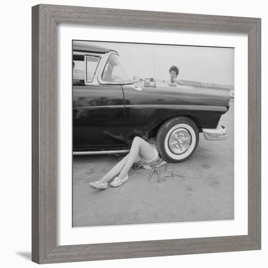 All-Girl "Dragettes" Hotrod Club Working on Car Engine with Children, Kansas City, Kansas, 1959-Francis Miller-Framed Photographic Print