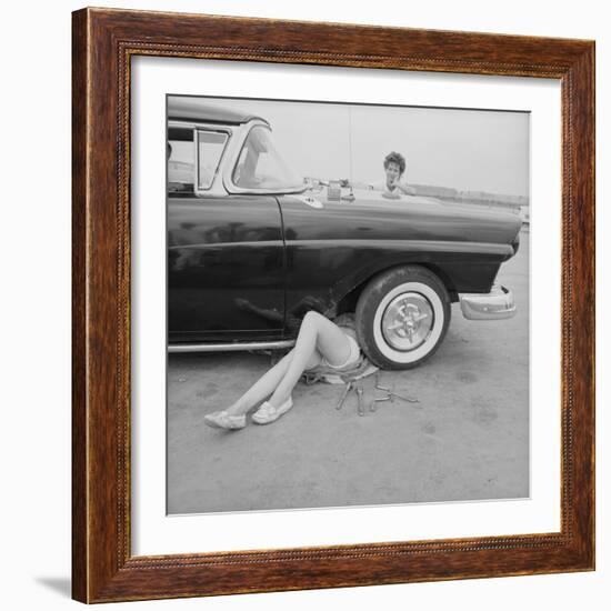 All-Girl "Dragettes" Hotrod Club Working on Car Engine with Children, Kansas City, Kansas, 1959-Francis Miller-Framed Photographic Print