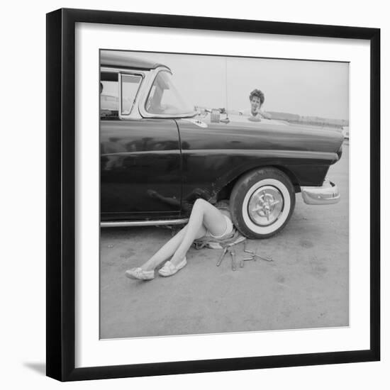 All-Girl "Dragettes" Hotrod Club Working on Car Engine with Children, Kansas City, Kansas, 1959-Francis Miller-Framed Photographic Print